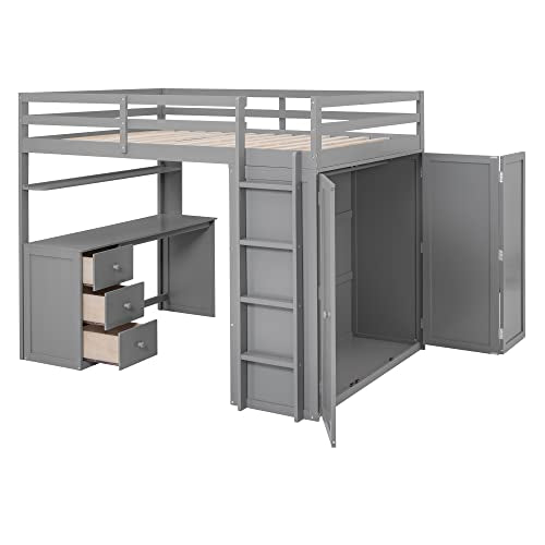Full Loft Bed with Desk Wardrobe Storage Drawers White V9057