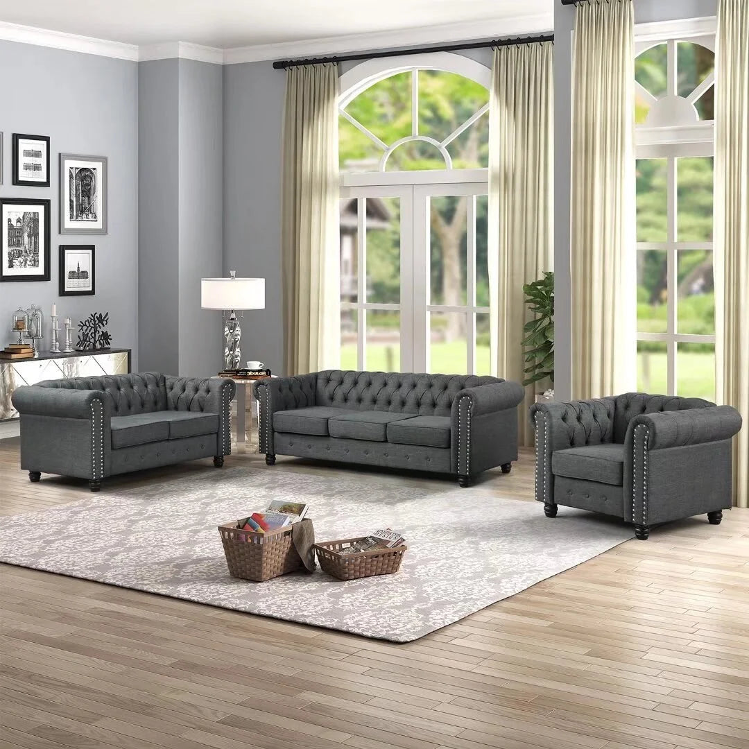 Upholstered Fabric Linen Grey Chesterfield Sofa 3 PCS M108