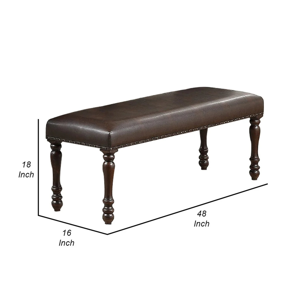 Brown Faux Leather Dining Bench with Turned Legs J694
