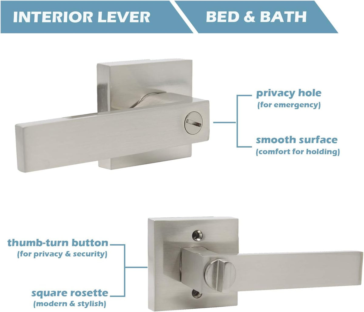 Satin Nickel Square Privacy Door Handles Leverset Lockset 10Pack X739466