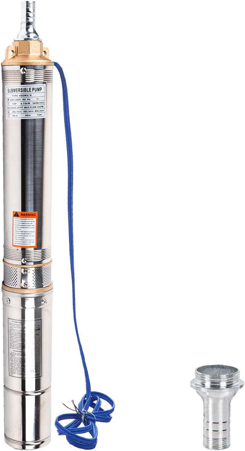1HP 220V 60HZ 0.75KW Stainless Steel Submersible Well Pump, 1.25" Outlet, 33GPM 207ft Head Q2048