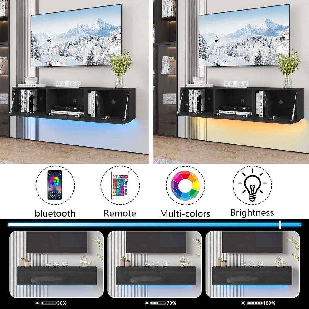 White Floating TV Stand with LED Lights and Storage R78594