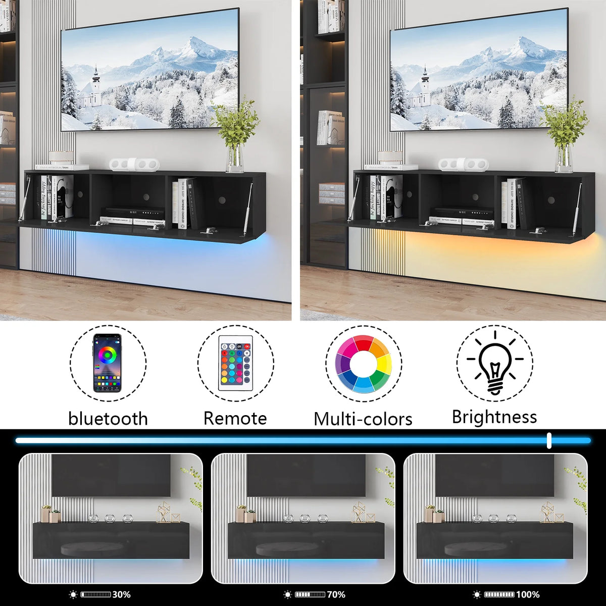 White Floating TV Stand with LED Lights and Storage R78594