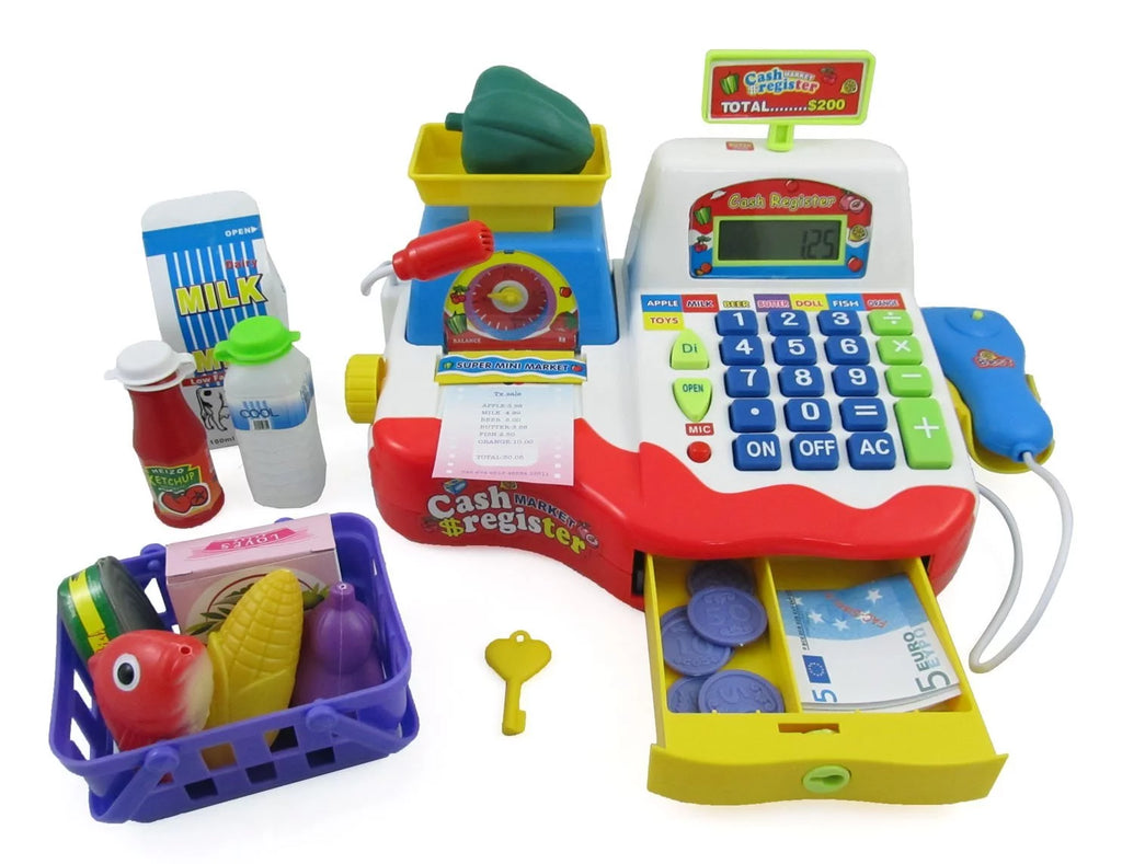 Cash Register with Checkout Scanner, Weight Scale, Microphone, Calculator, Play Money and Food Shopping Playset X776157
