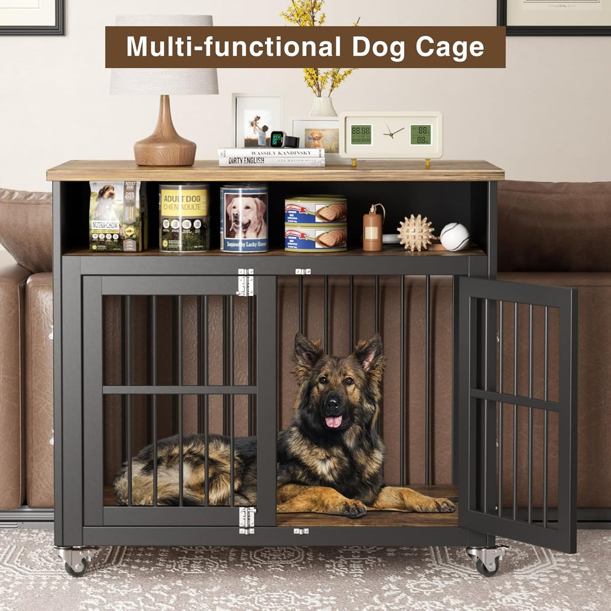 Brown Wooden Dog Crate with Wheels T237421