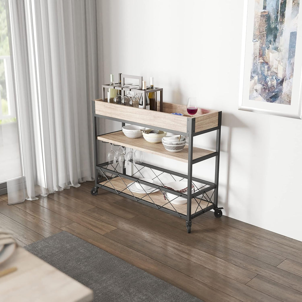 Distressed Wood Kitchen Bar Cart with Storage Rack and Shelf L71900