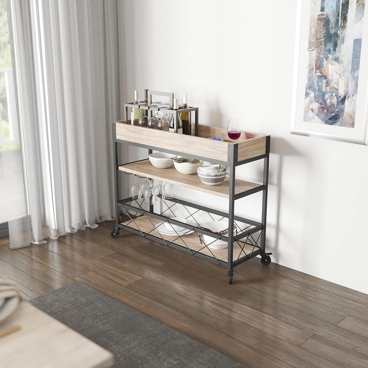 Distressed Wood Kitchen Bar Cart with Storage Rack and Shelf L71900