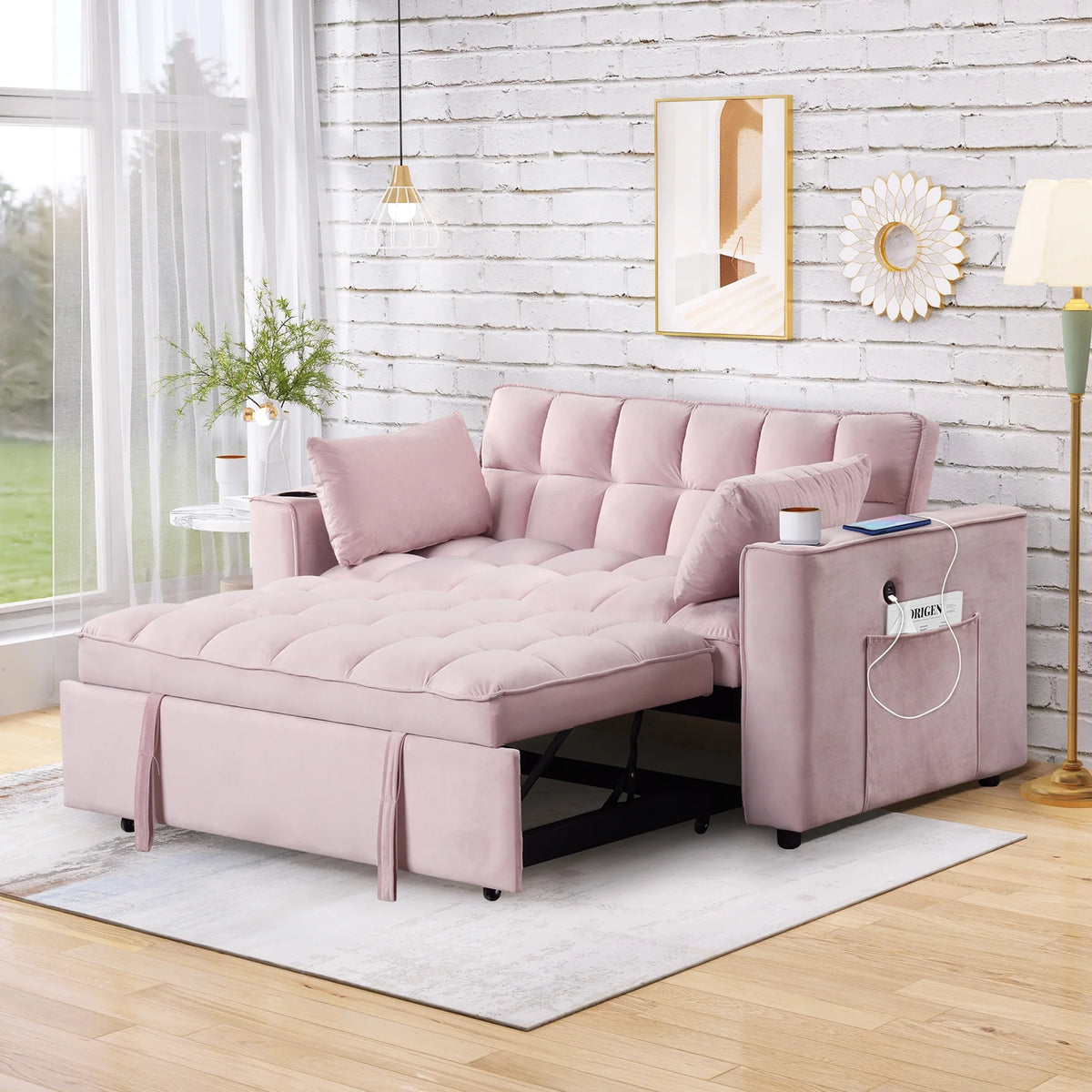 Convertible Sleeper Sofa Bed with Cup Holder and USB Charging Ports V4376
