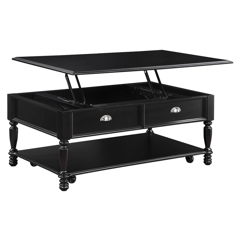 Black Wooden Lift Top Cocktail Table with Casters and Open Bottom Shelf H509603