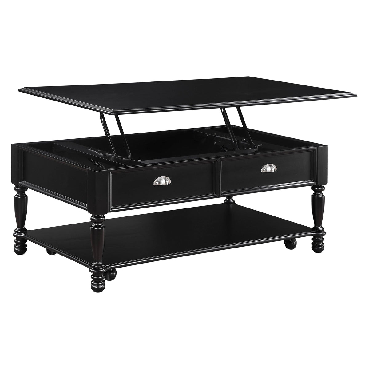 Black Wooden Lift Top Cocktail Table with Casters and Open Bottom Shelf H509603