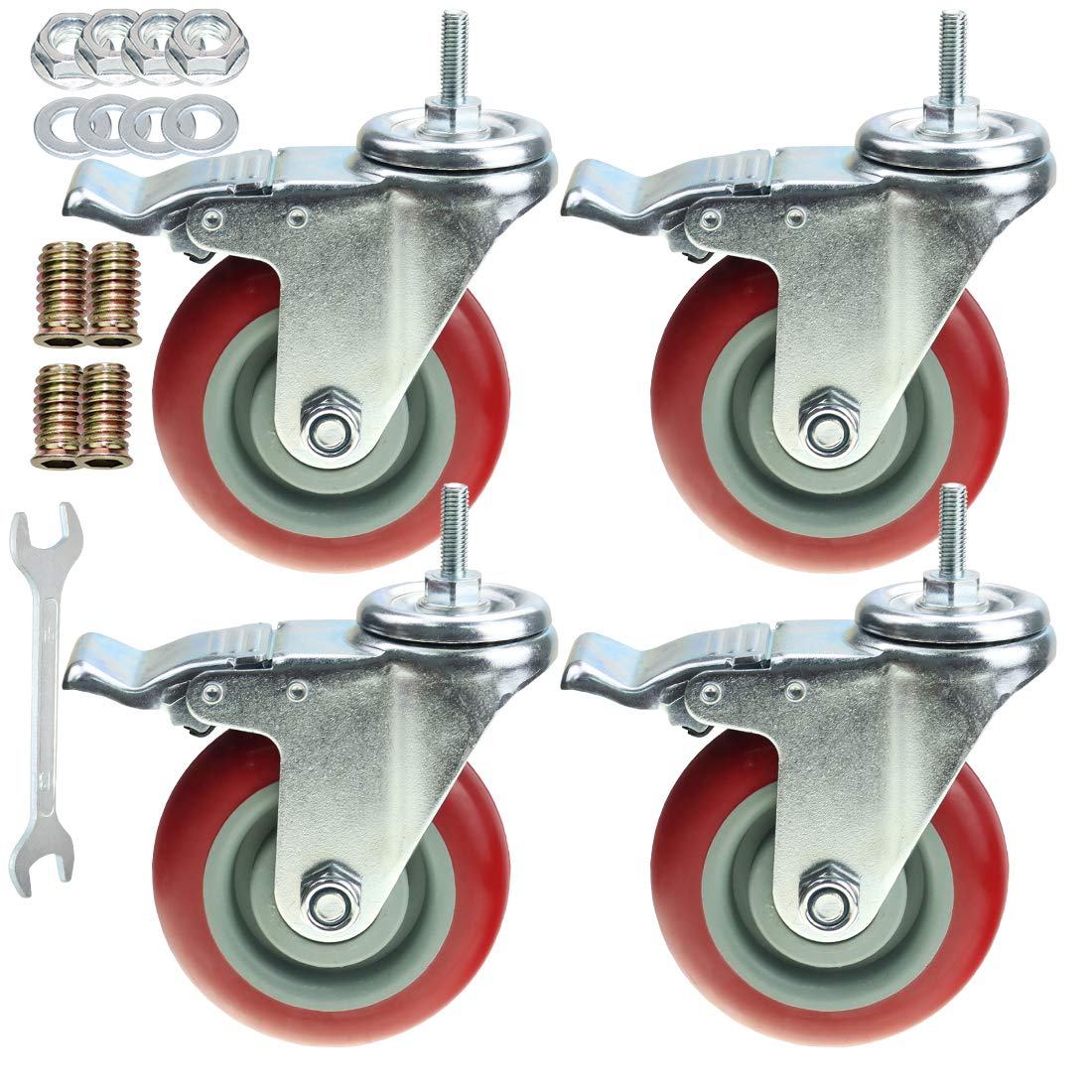 4 Pack 4 Inch Dual Locking Swivel Caster Wheels with M8-1.25x25mm Stem B117596