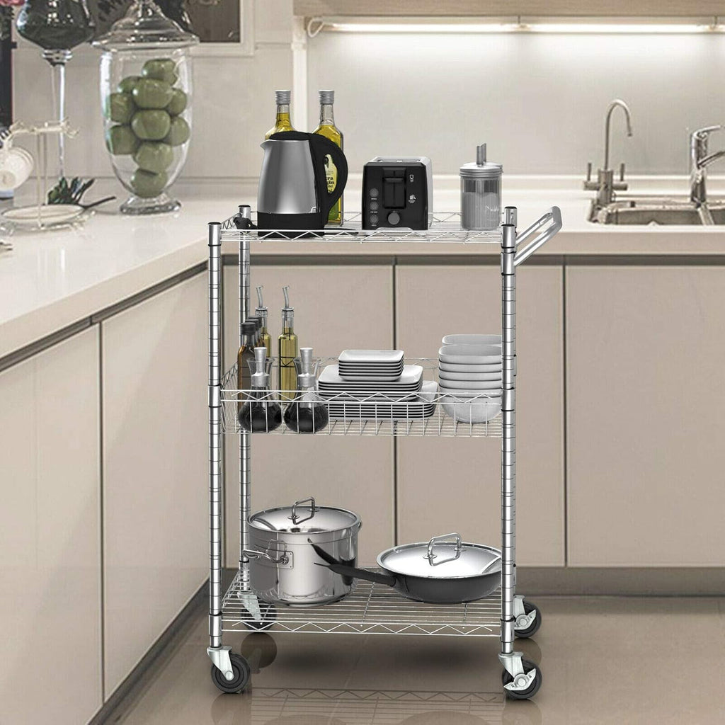 3-Tier Silver Steel Rolling Kitchen Trolley Cart with Storage Shelves S325810