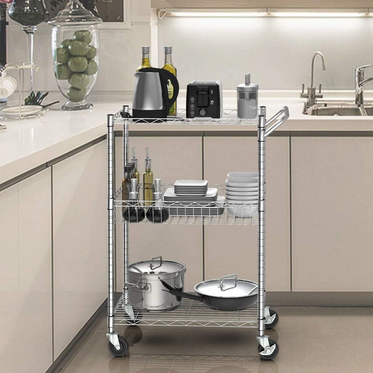 3-Tier Silver Steel Rolling Kitchen Trolley Cart with Storage Shelves S325810