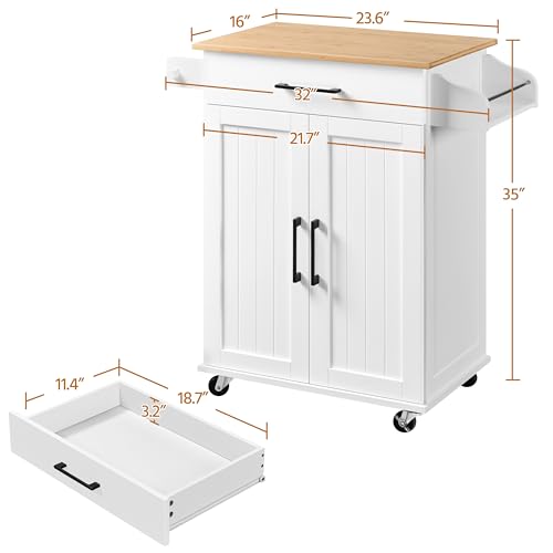 White Rolling Kitchen Cart with Bamboo Tabletop W2027