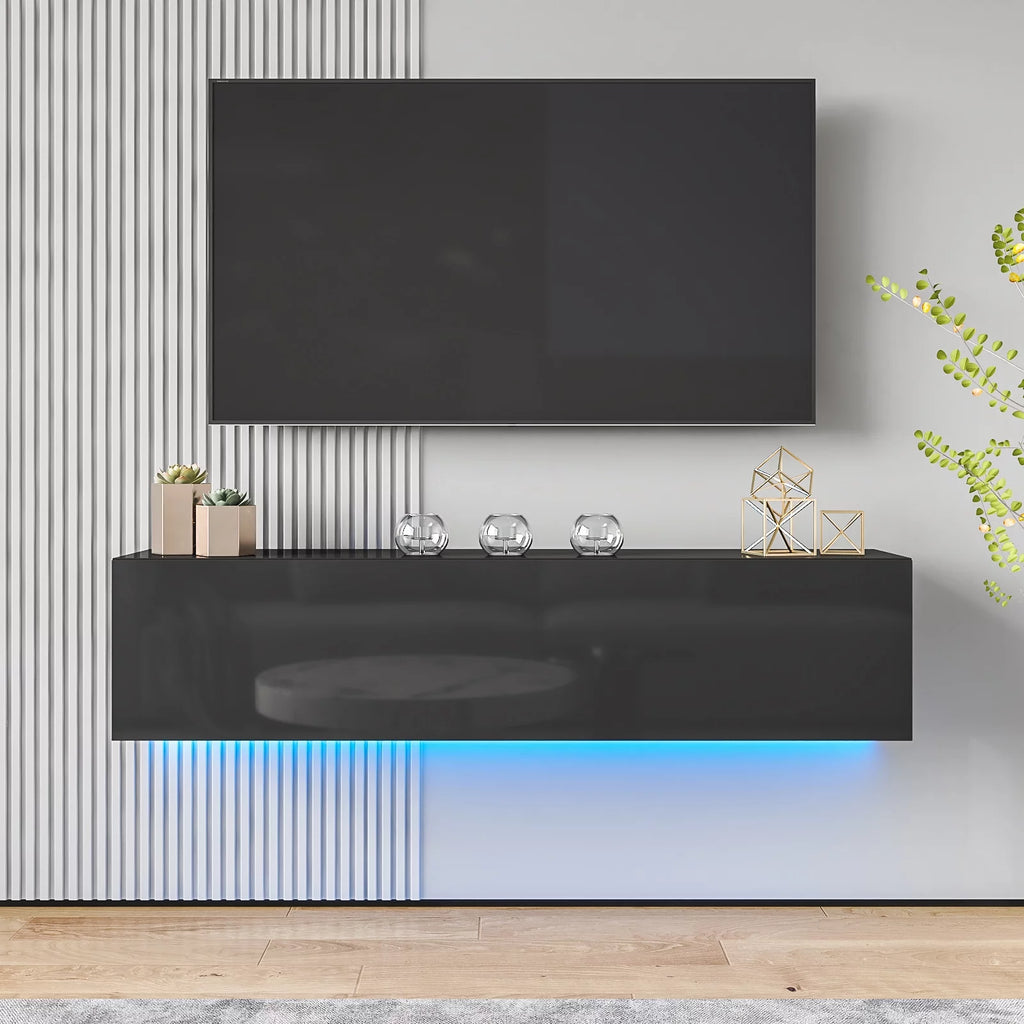 White Floating TV Stand with LED Lights and Storage R78594