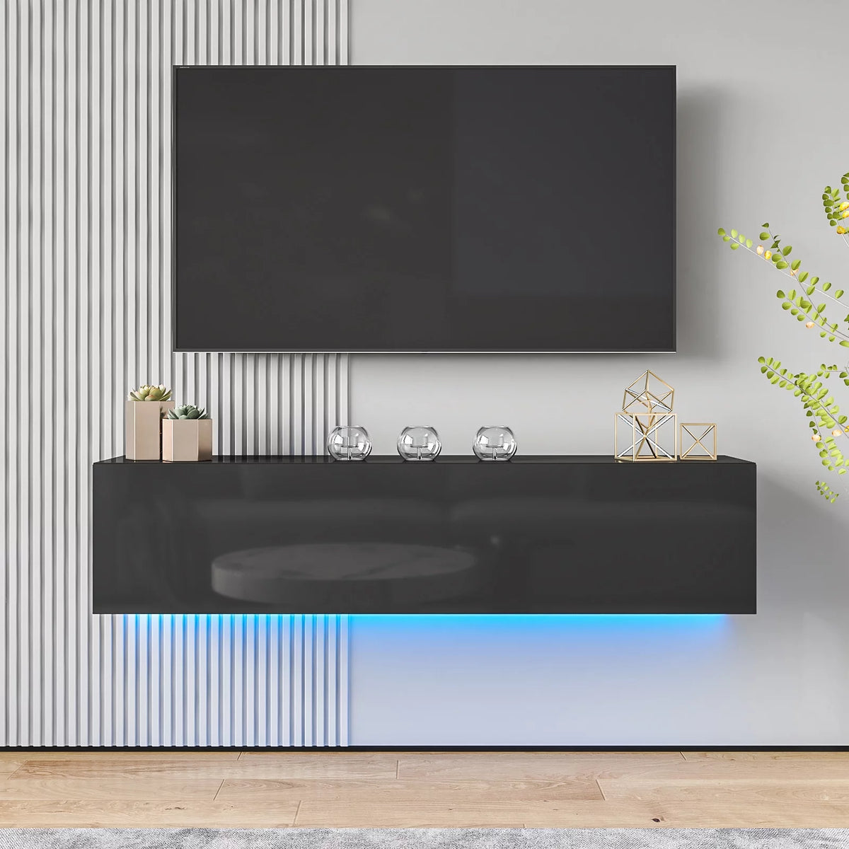 White Floating TV Stand with LED Lights and Storage R78594