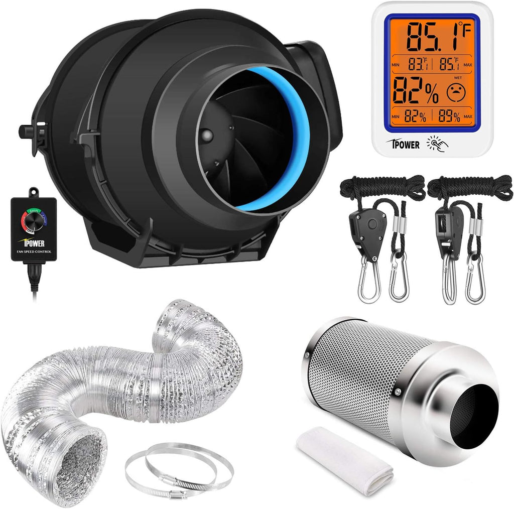 4 Inch 118 CFM Inline Blower Fan Air Carbon Filter, 25 Feet Ducting Hose Variable Speed Controller, Digital Hygrometer Thermometer, 1-Pair Rope Hanger Combo T256762