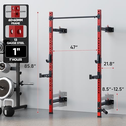 Wall-Mounted Power Cage with Pull-up Bar, J-Hooks, Landmine, Spotter Arms W7811