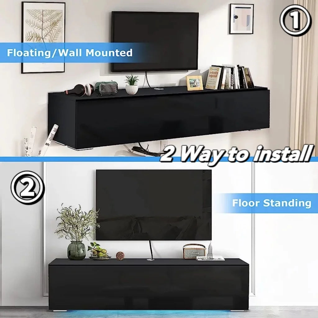 White Floating TV Stand with LED Lights and Storage R78594