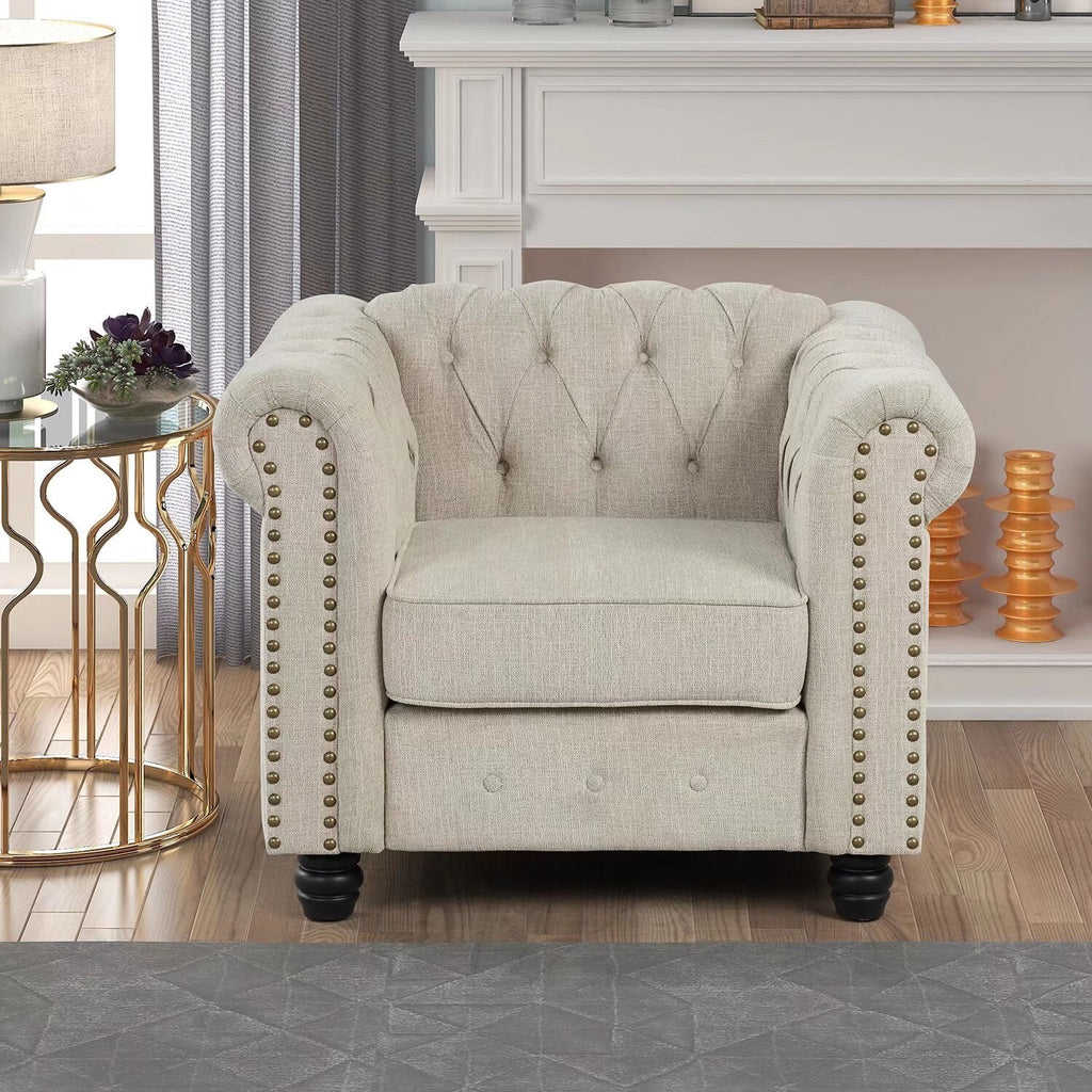 Upholstered Fabric Linen Grey Chesterfield Sofa 3 PCS M108