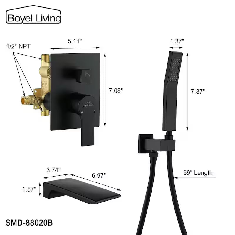 Wall Mount Roman Tub Faucet with Hand Shower Matte Black C6874