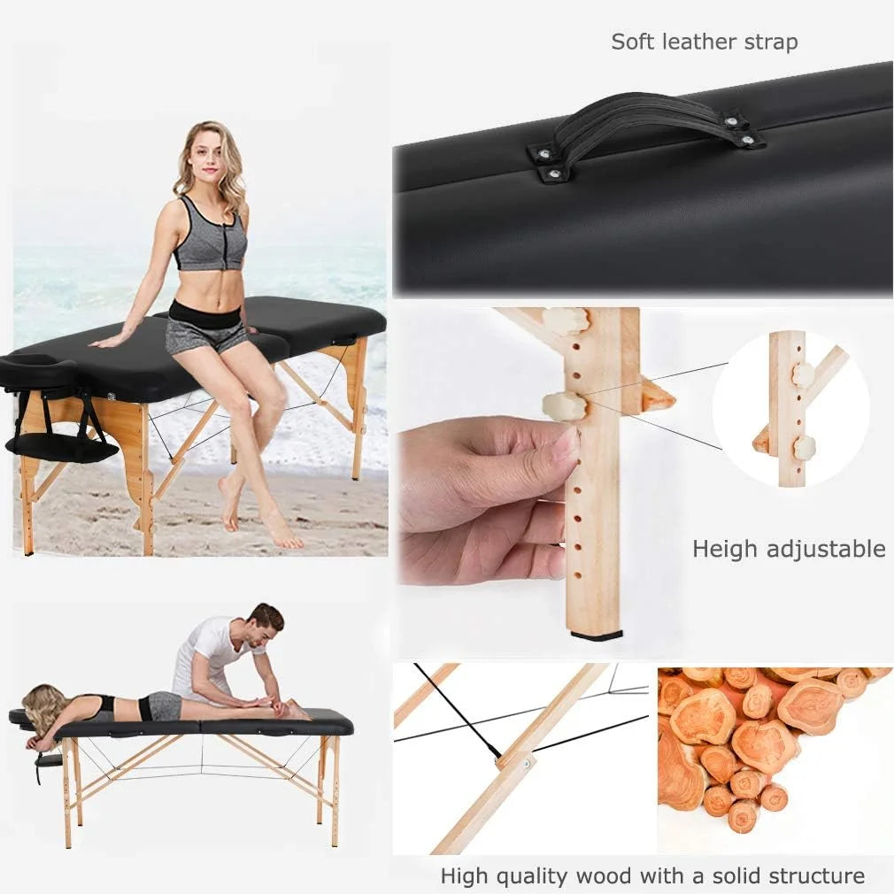 Portable Massage Table 73” L 28”W Height Adjustable with Bolsters Carry Case 2 Fold Black K115