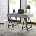 Grey Writing Desk with Oak Veneer Finish and Powder Coated Black Base O883