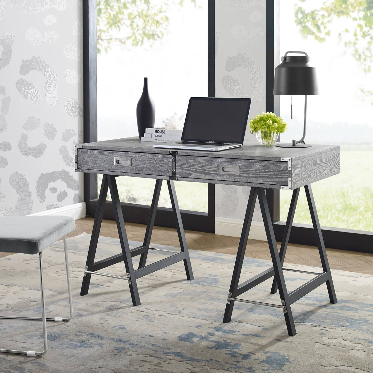 Grey Writing Desk with Oak Veneer Finish and Powder Coated Black Base O883
