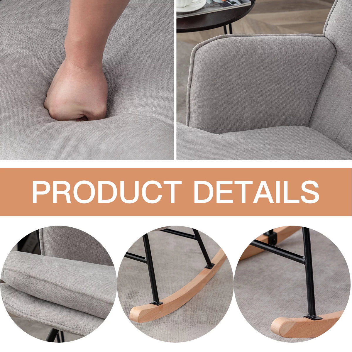 Gray Linen Fabric Rocking Chair with Ottoman B86624