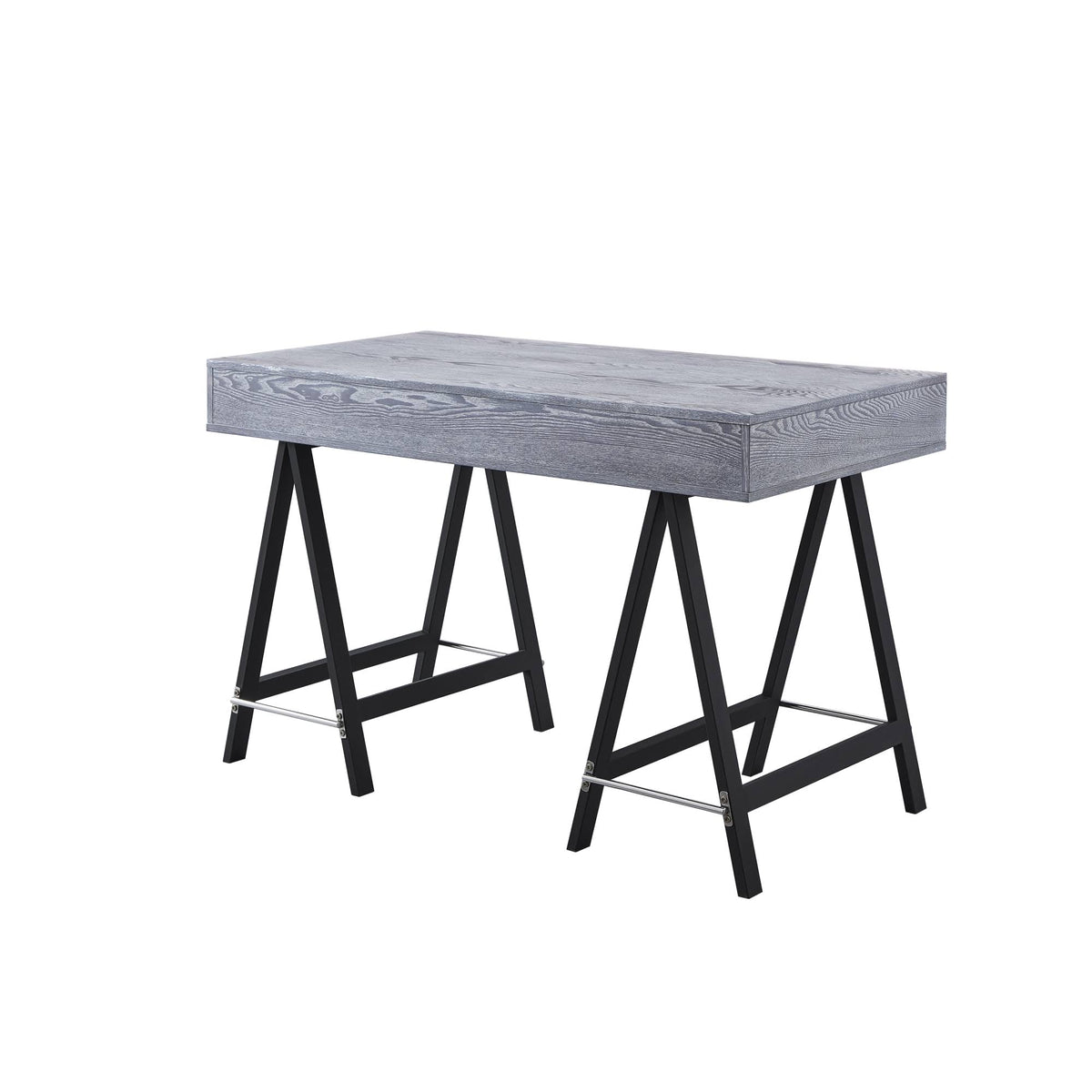 Grey Writing Desk with Oak Veneer Finish and Powder Coated Black Base O883