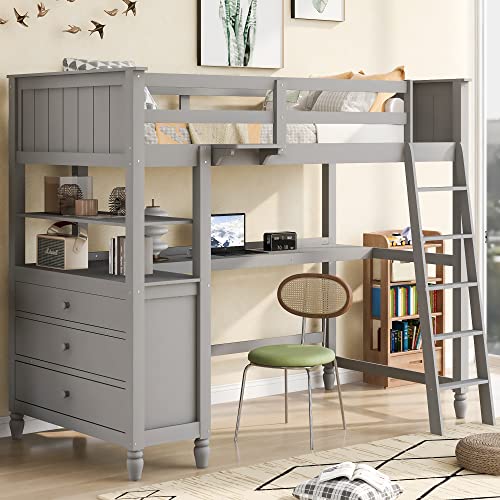 Full Loft Bed with Desk Wardrobe Storage Drawers White V9057