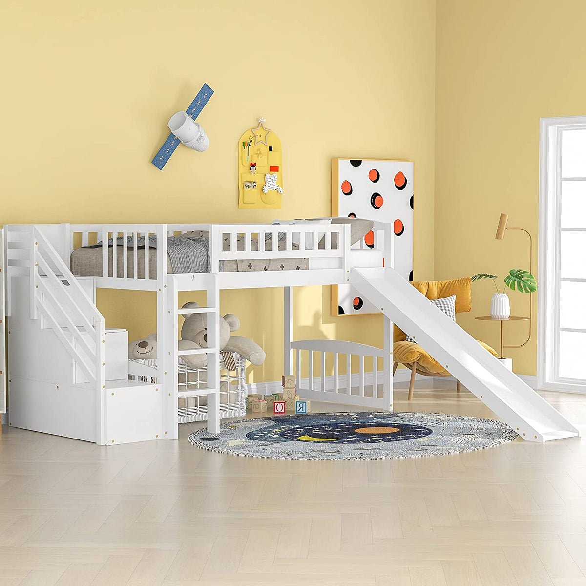 White Wooden Low Loft Bed Frame With Storage B38269