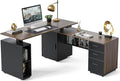 63" L Shaped Electric Height Adjustable Standing Desk with File Cabinet, Black Walnut D12390