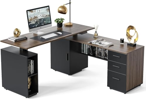 63" L Shaped Electric Height Adjustable Standing Desk with File Cabinet, Black Walnut D12390