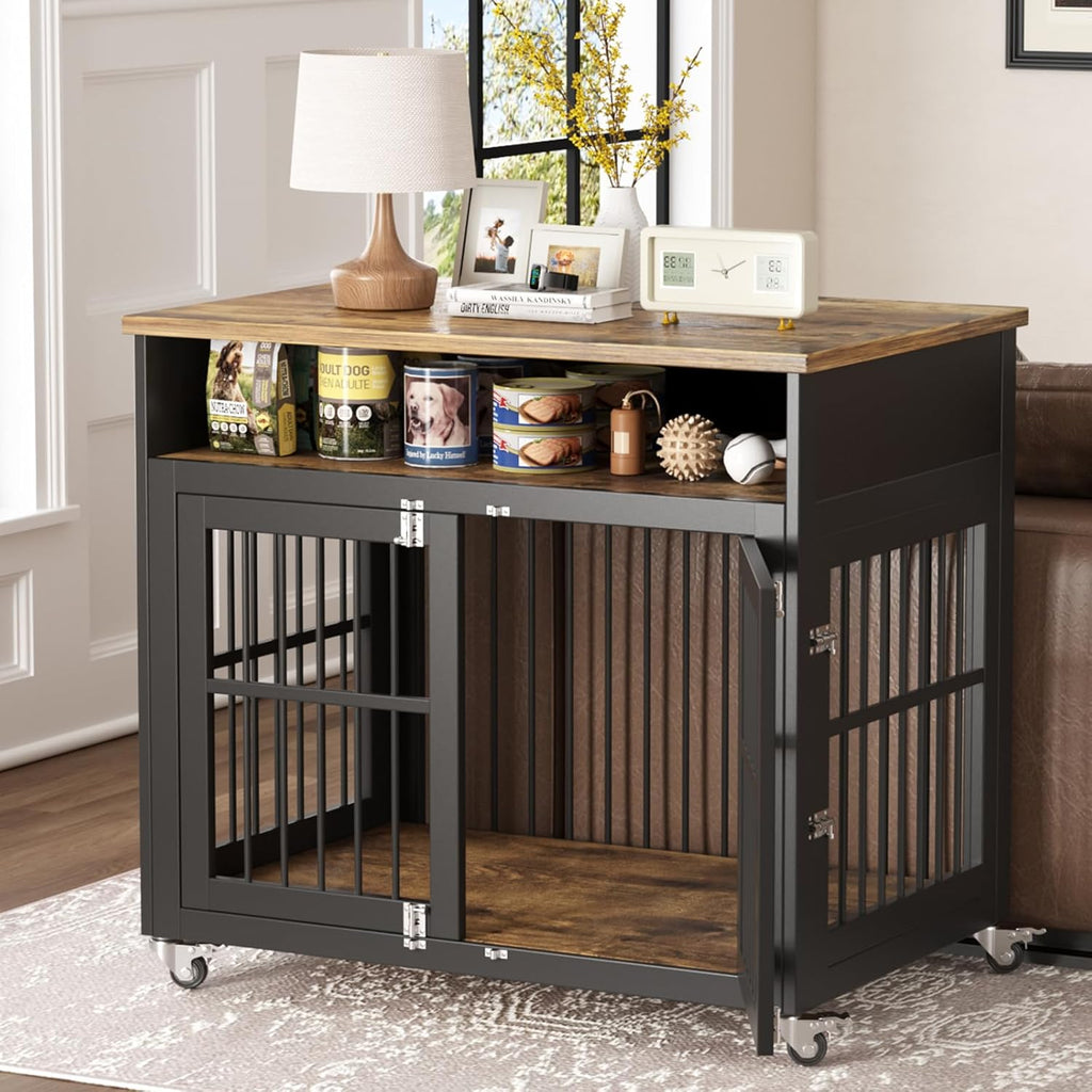 Brown Wooden Dog Crate with Wheels T237421