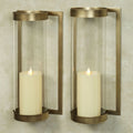 Satin Brass Metal Candle Wall Sconce Pair with Glass Hurricanes Q377440