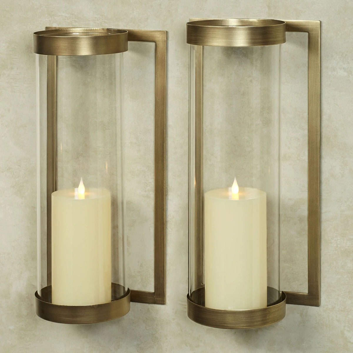 Satin Brass Metal Candle Wall Sconce Pair with Glass Hurricanes Q377440