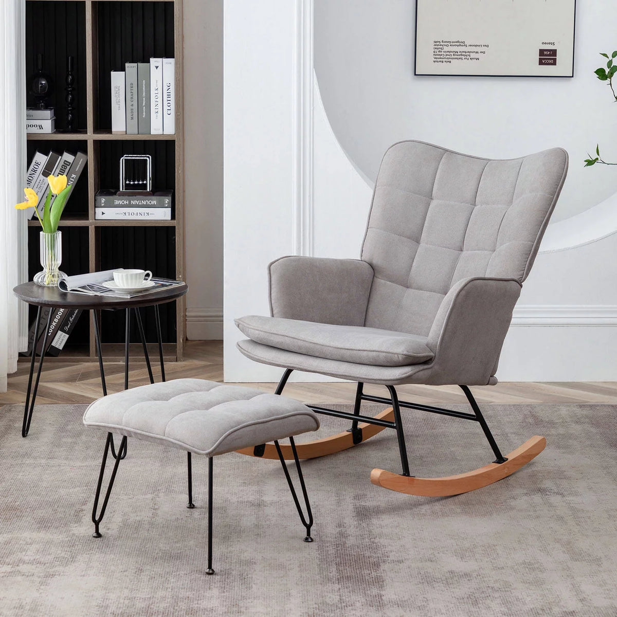 Gray Linen Fabric Rocking Chair with Ottoman B86624
