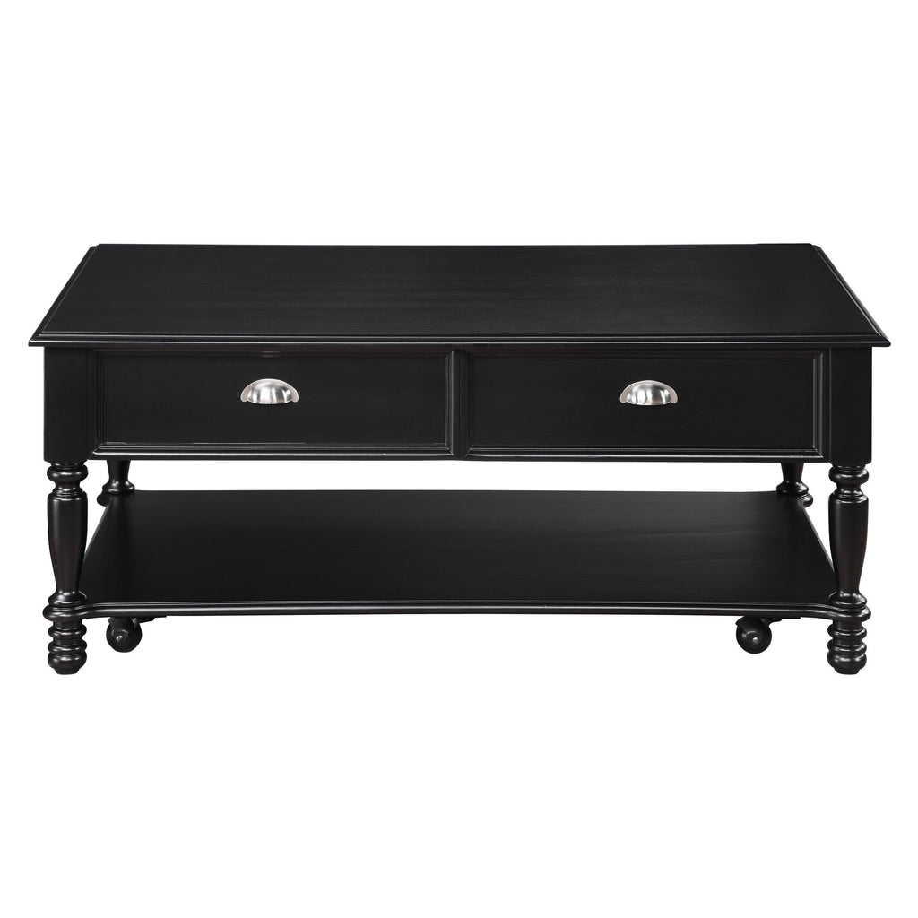 Black Wooden Lift Top Cocktail Table with Casters and Open Bottom Shelf H509603