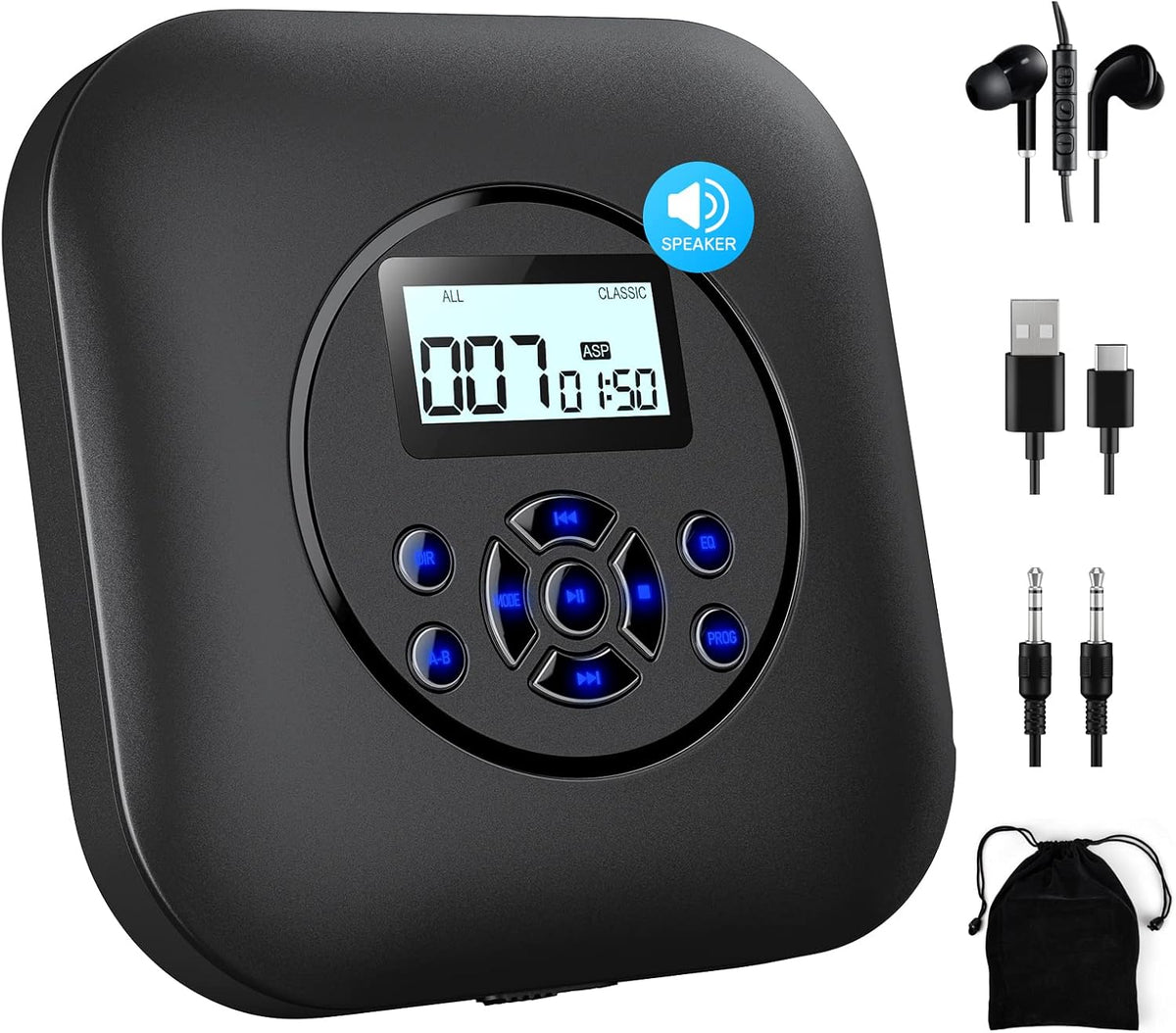 CD Player Portable with Speakers Rechargeable 1800mAh Battery Type-C TF Card LED Display Dual Earphone Ports AUX Pack of 2 K558