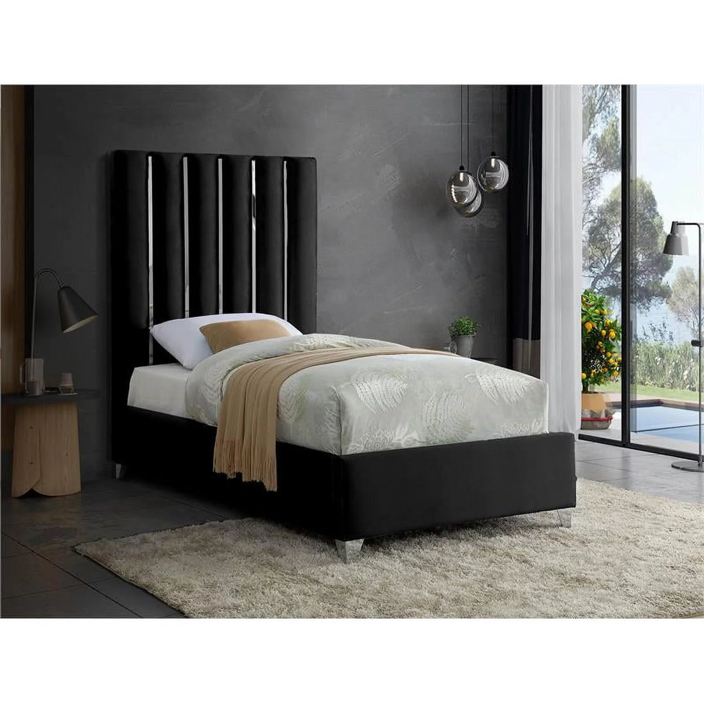 Solid Wood and Velvet Twin Bed in Black O22276