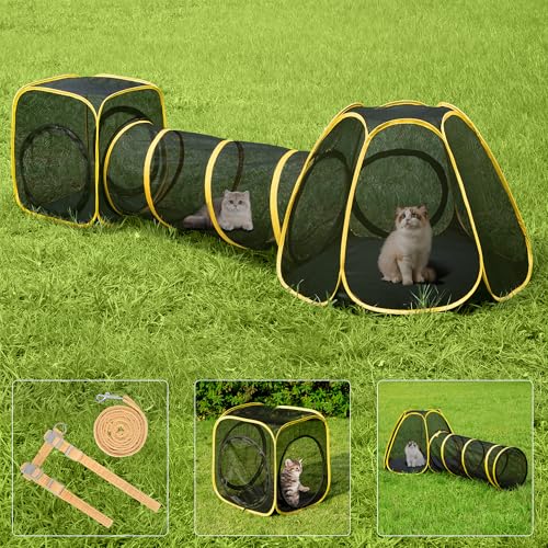 6-in-1 Outdoor Cat Enclosure with Playhouse, 2 Tents & 3 Tunnels Q4077