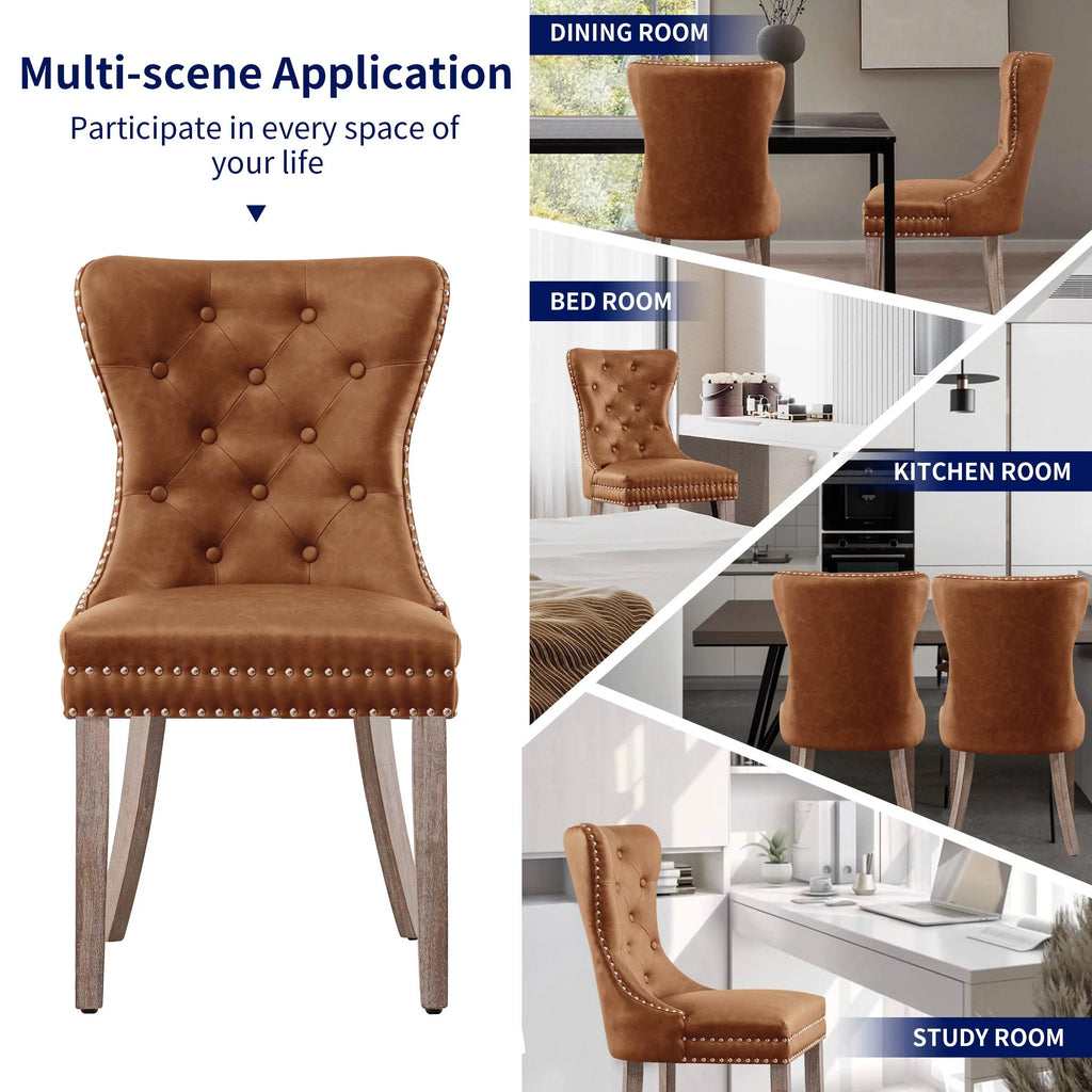 Brown PU Leather Dining Chairs with Wood Legs Set of 2 D739