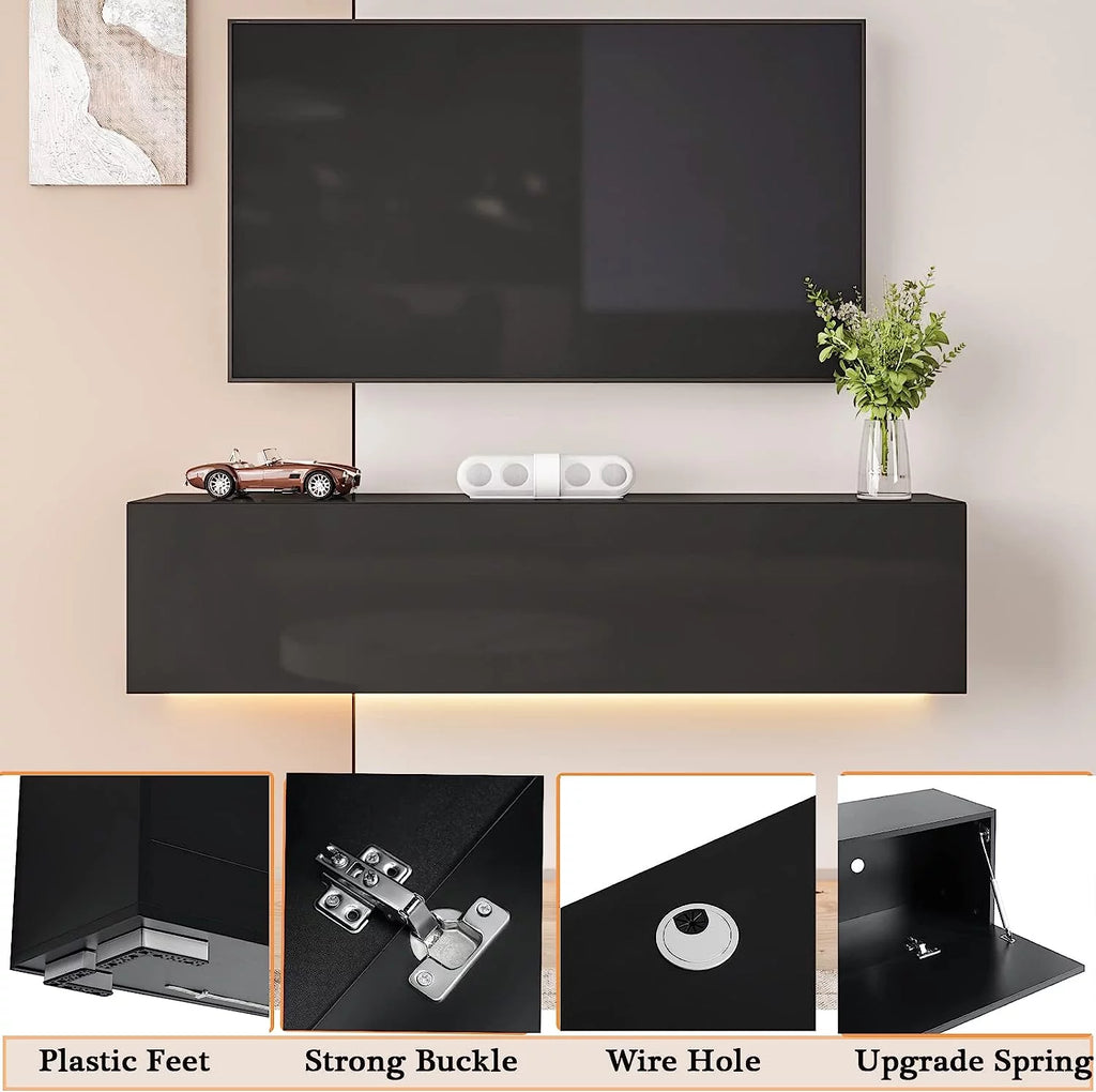 White Floating TV Stand with LED Lights and Storage R78594