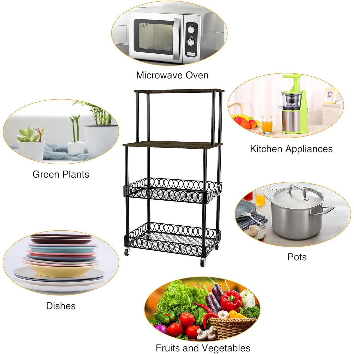 4-Tier Baker's Rack 48 inch Kitchen Storage Organizer with Metal Wheels J29898