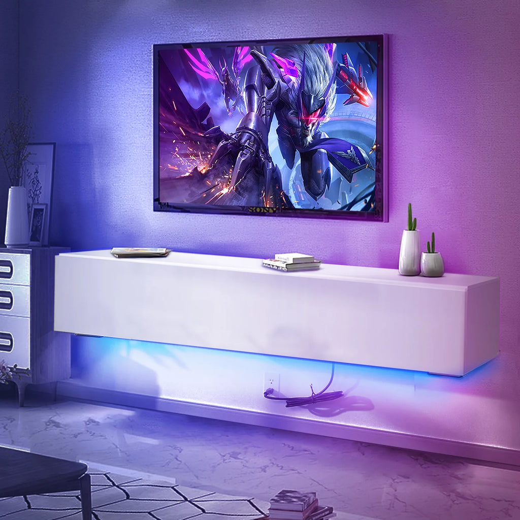 White Floating TV Stand with LED Lights and Storage R78594