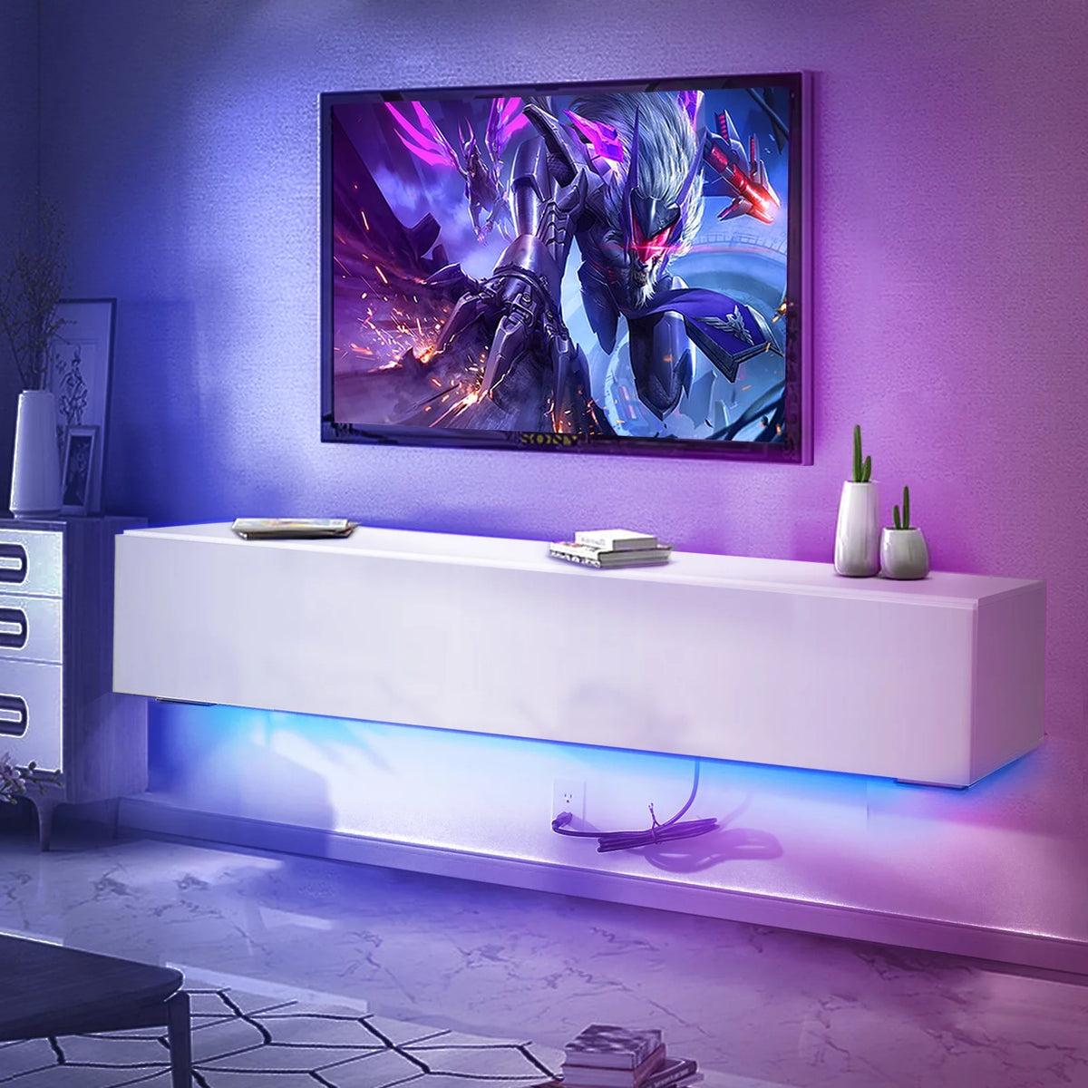 White Floating TV Stand with LED Lights and Storage R78594