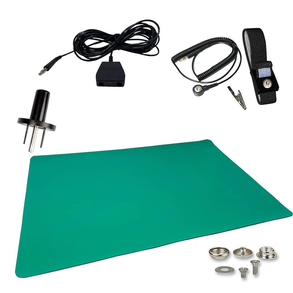 ESD Mat Workstation Kit with Wrist Strap Set, Ground Cord, Universal Snap Kit, Outlet Adapter, Soldering Mat D4174