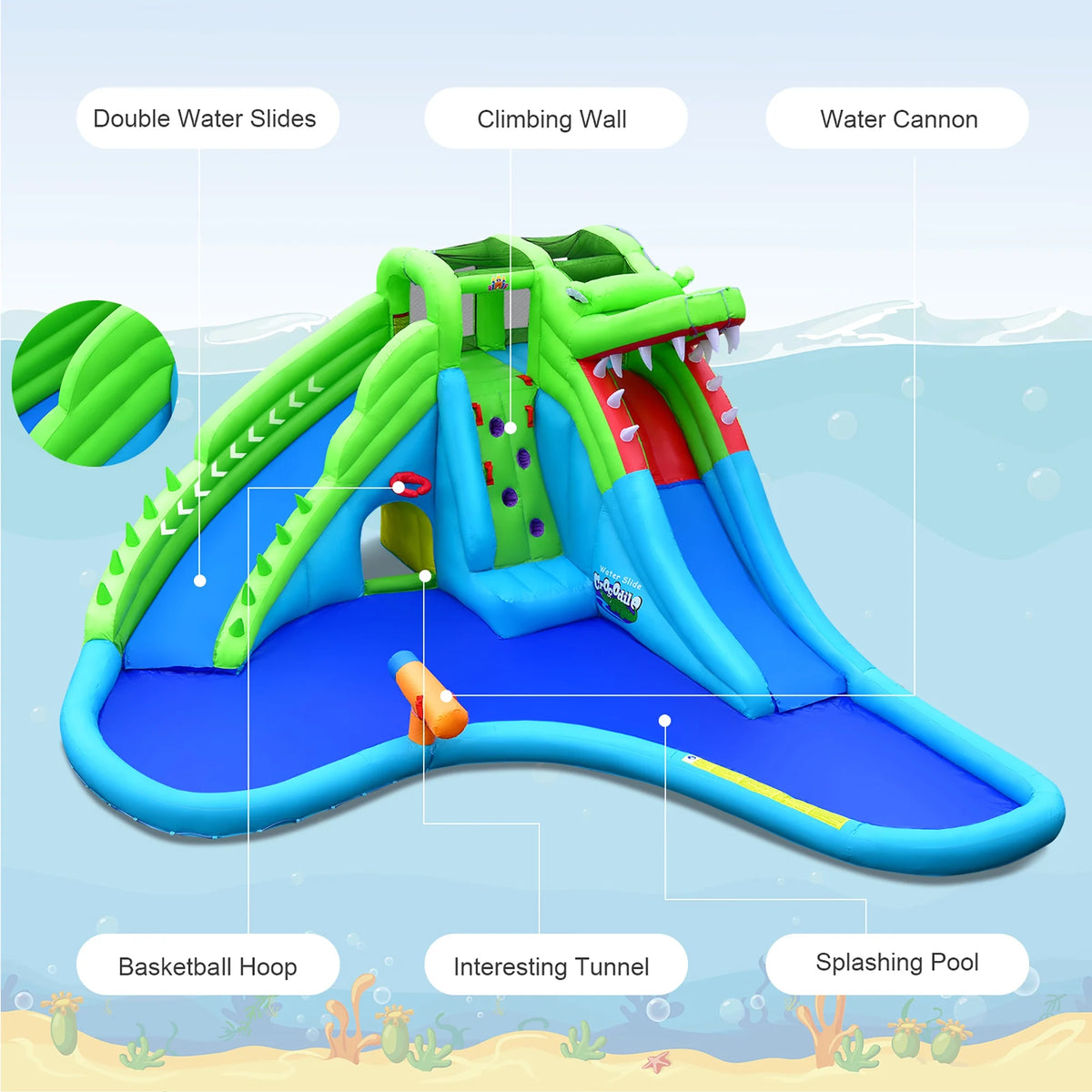 Inflatable Kid Bounce House with Dual Slide and Splash Pool C65471
