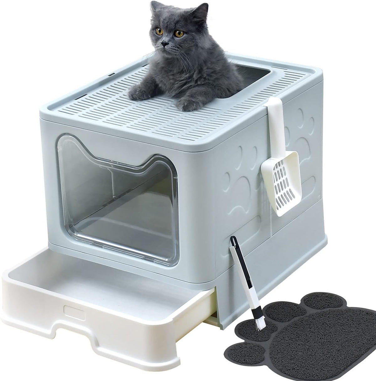 Foldable Cat Litter Box with Lid and Litter Mat and Scoop T821909